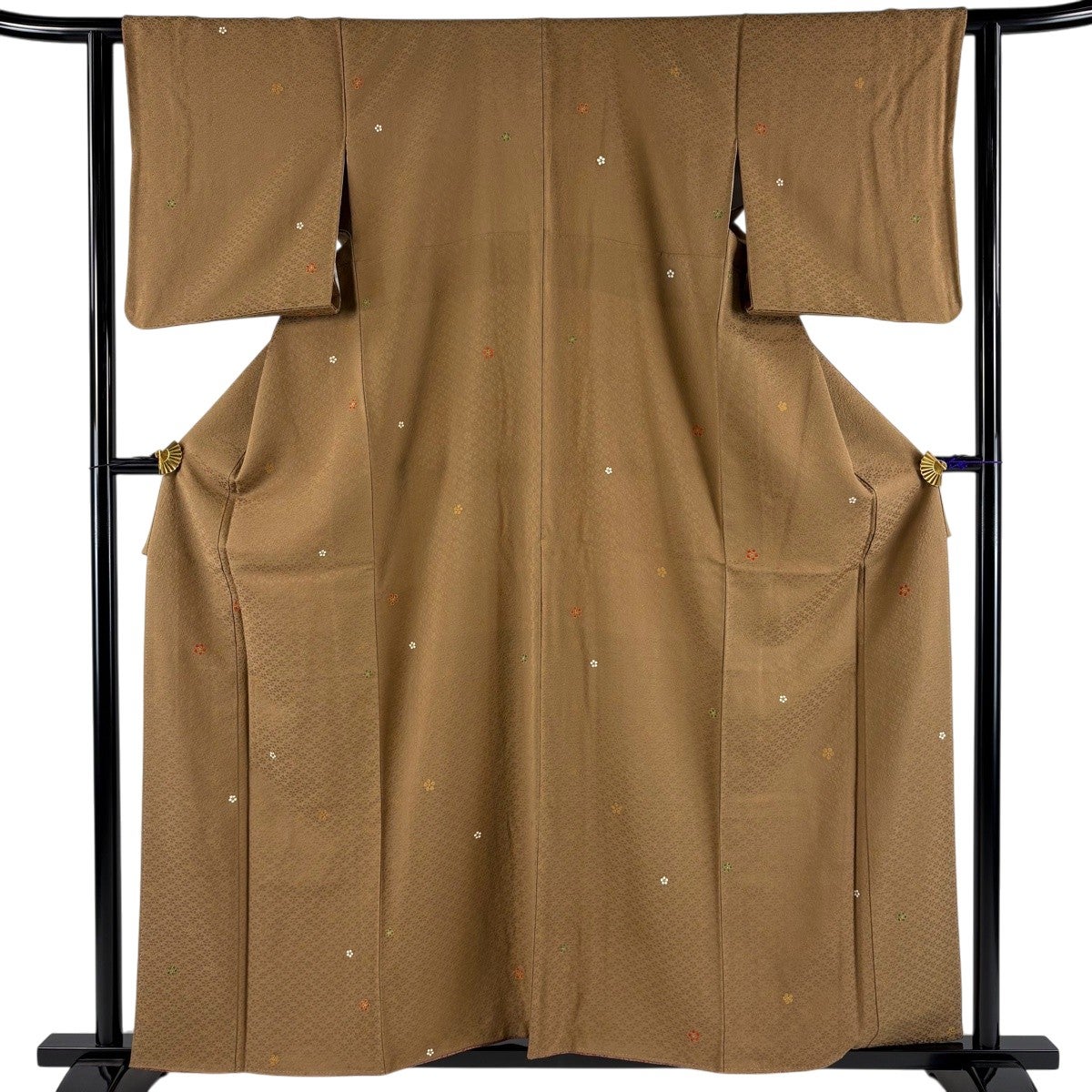 小紋 身丈159.5cm 裄丈63cm S 袷 梅 金彩 薄茶色 正絹 秀品｜中古