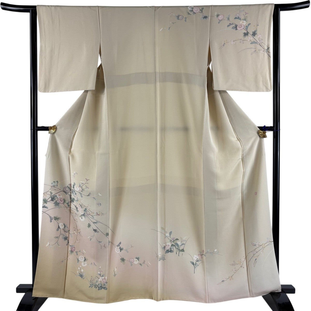 訪問着 身丈163cm 裄丈63cm S 袷 落款あり 菊 蝶 金糸 ぼかし ベージュ