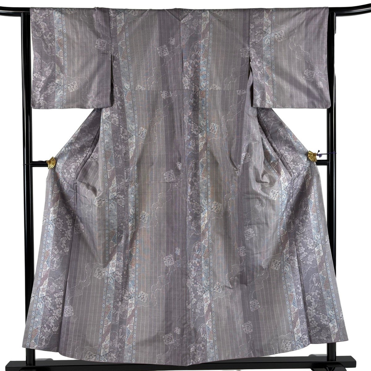 紬 身丈154cm 裄丈63.5cm S 袷 縦縞 草花 灰紫 正絹 秀品｜中古・古着