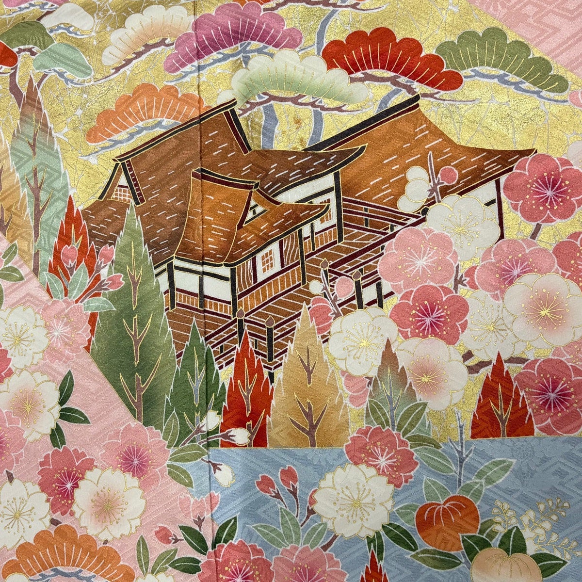 振袖 身丈155.5cm 裄丈65cm M 袷 鈴乃屋 建物 松梅 金彩 ピンク 正絹