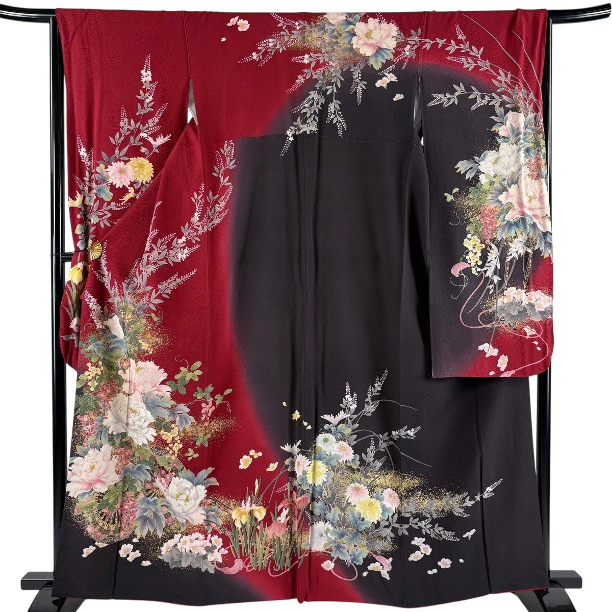 振袖 身丈165.5cm 裄丈67cm M 袷 草花 雲文 刺繍 金彩 朱色 正絹 秀品