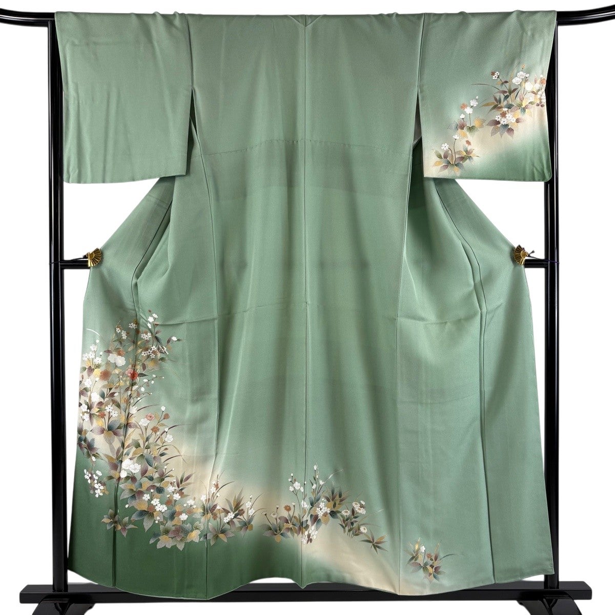 訪問着 身丈157cm 裄丈66cm M 袷 草花 金銀彩 刺繍 薄緑 正絹 秀品