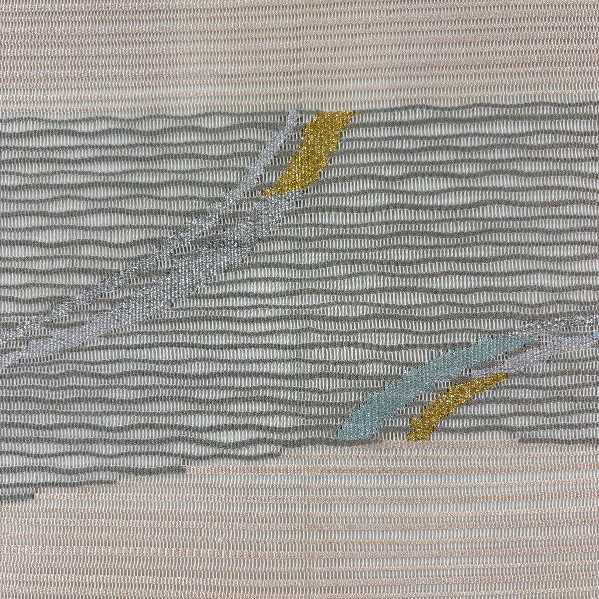 美品】 名古屋帯 秀品 夏帯 絽 幾何学 金銀糸 薄茶色 正絹｜中古・古着