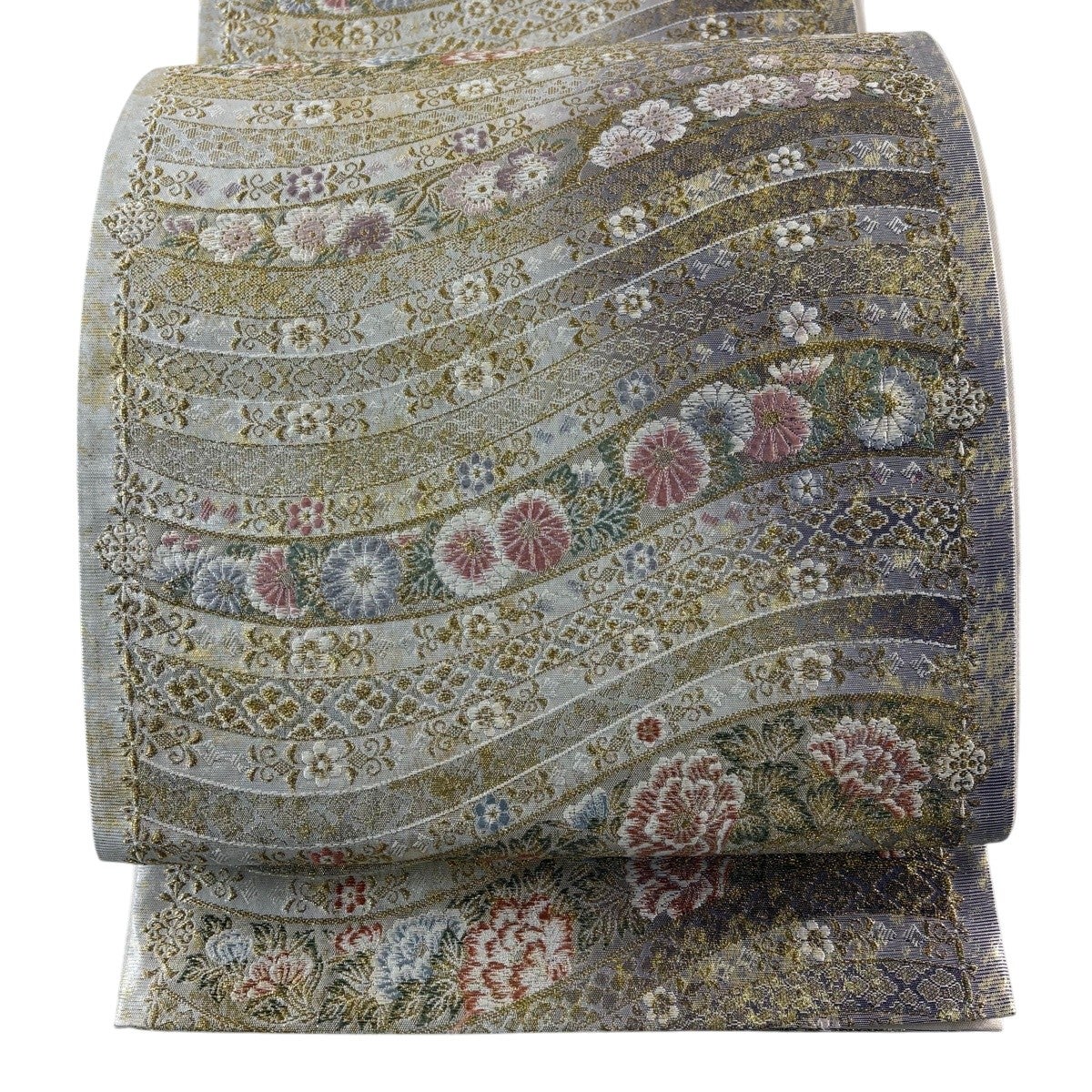 50%OFF 袋帯 秀品 振袖向き 桜 金糸 箔 銀色 六通 正絹 K50｜中古