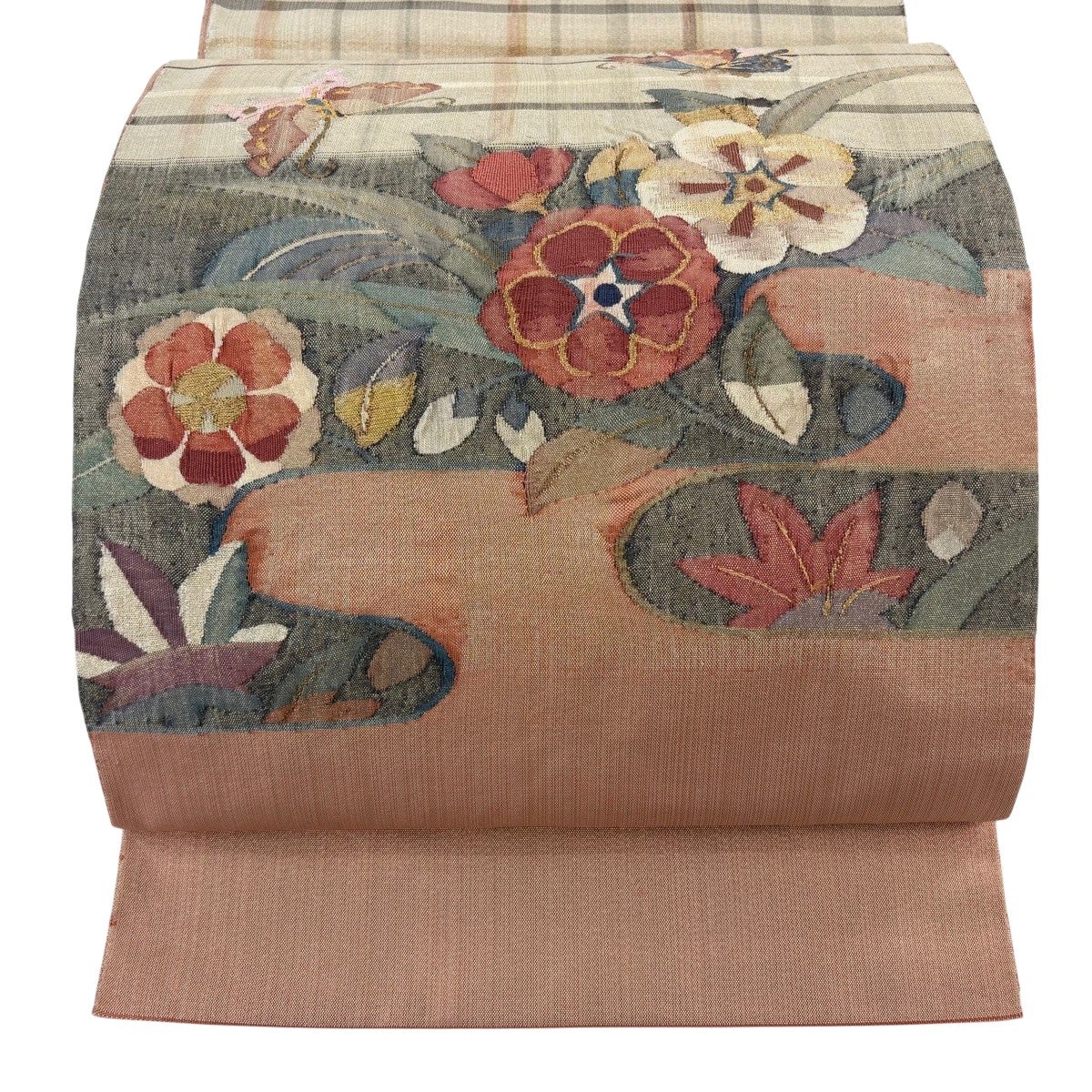 美品】 袋帯 秀品 落款あり 草花 蝶 箔 ピンク お太鼓柄 正絹｜中古