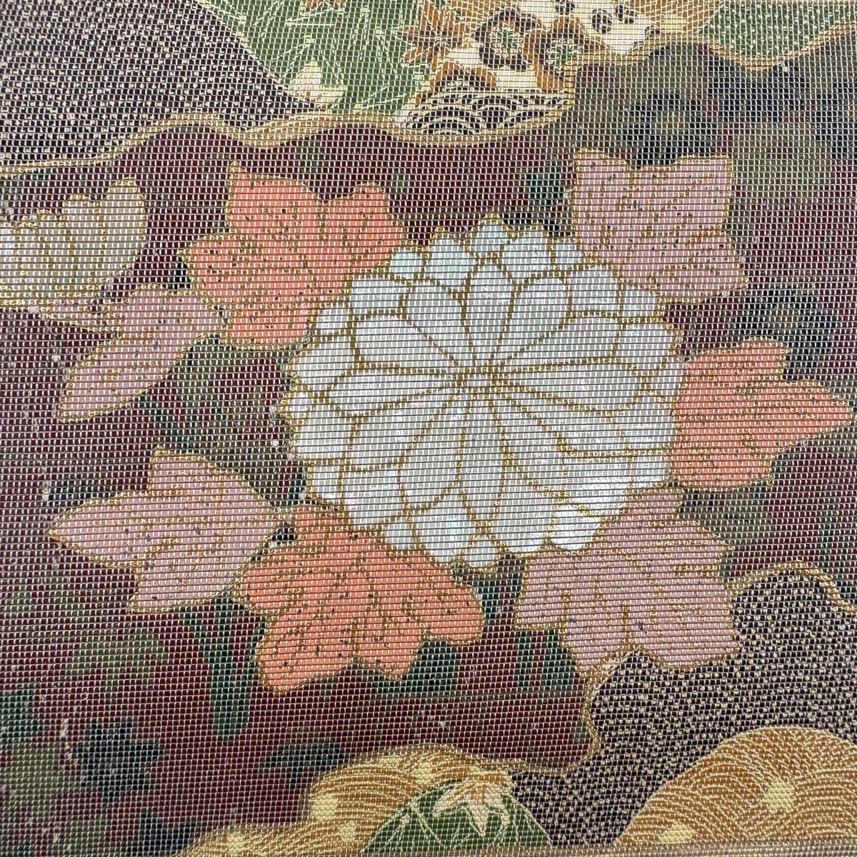 50%OFF 袋帯 秀品 草花 青海波 螺鈿 箔 灰白 お太鼓柄 正絹 K50｜中古