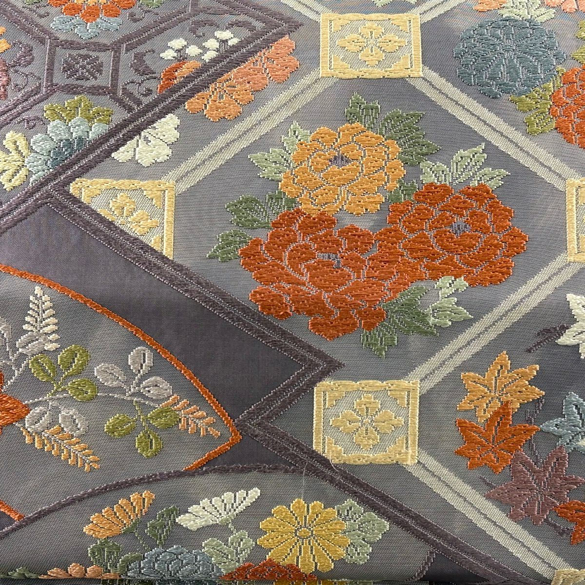 袋帯 名品 草花 有職文様 唐織 箔 紫 六通 正絹｜中古・古着