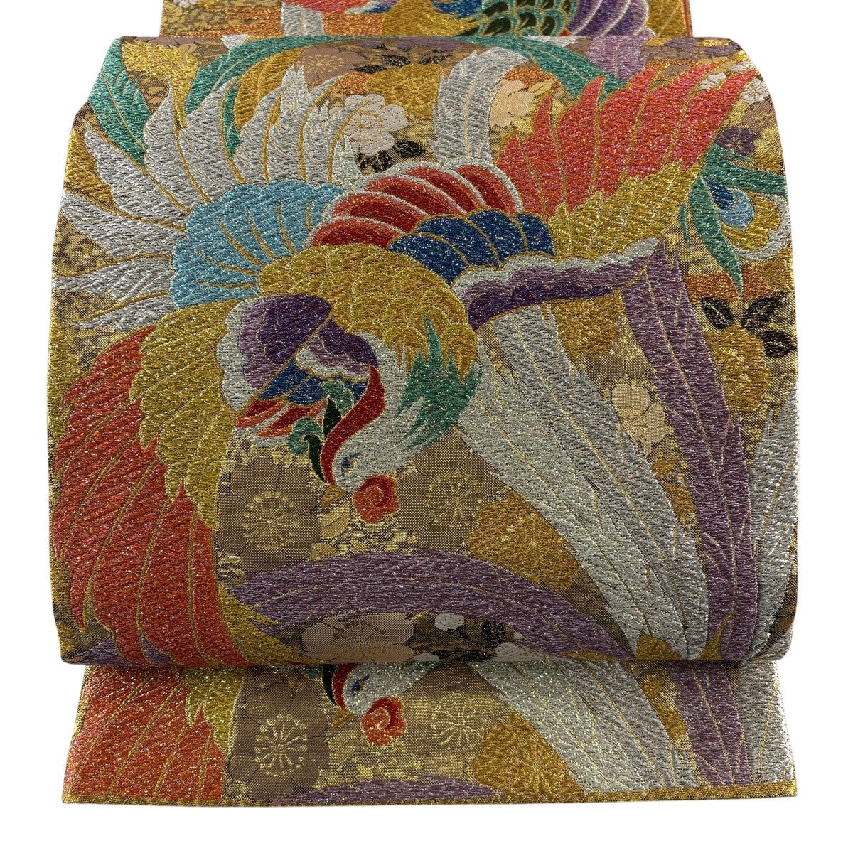 美品】 袋帯 名品 帝王紫 落款あり 鳥 華文 金銀糸 箔 茶色 お太鼓柄