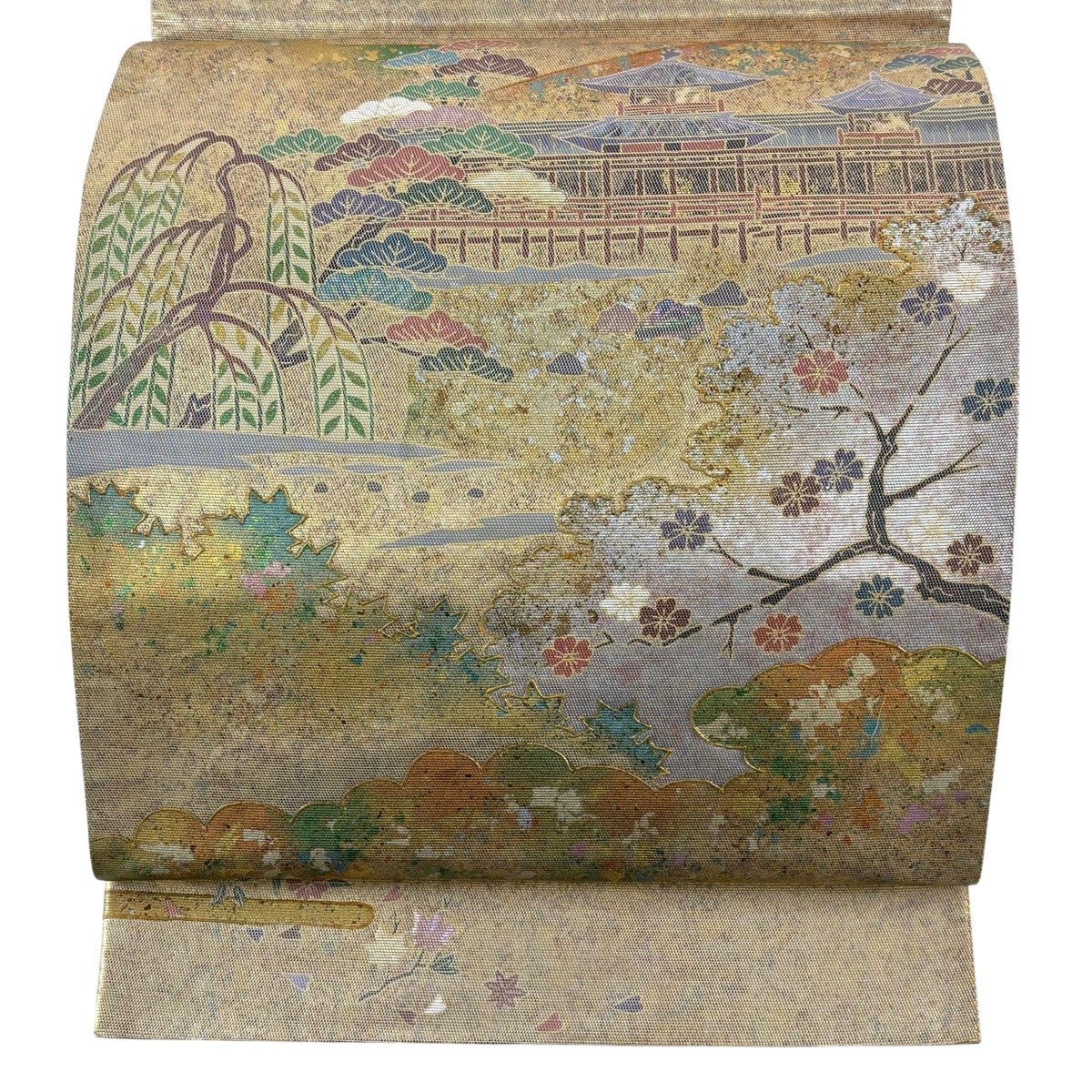 袋帯 秀品 風景 建物 螺鈿箔 金彩 金色 お太鼓柄 正絹｜中古・古着
