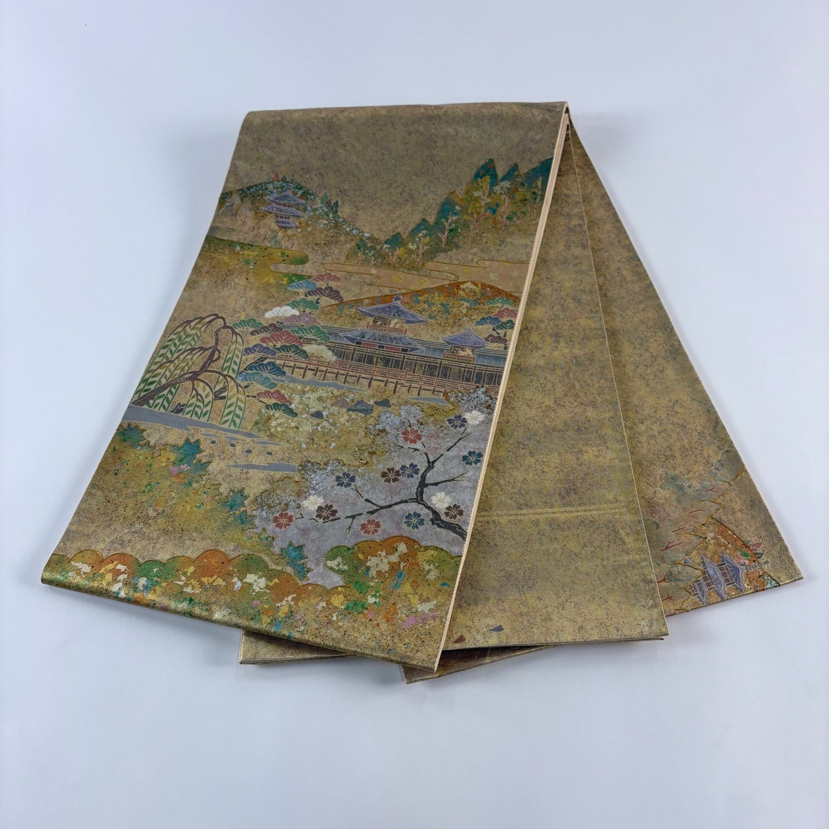 袋帯 秀品 風景 建物 螺鈿箔 金彩 金色 お太鼓柄 正絹｜中古・古着