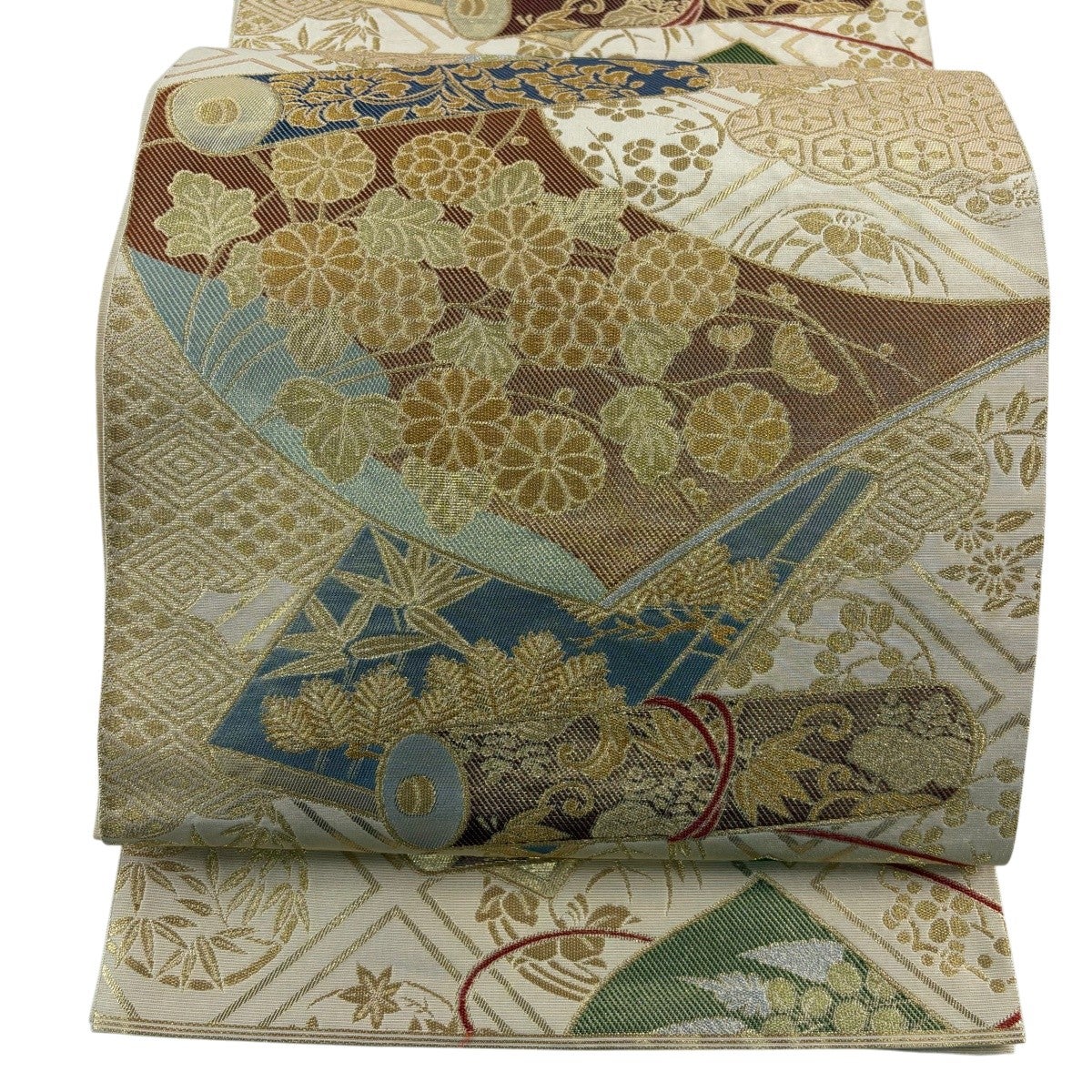 袋帯 秀品 川島織物 落款あり 関西仕立て 巻物 草花 金銀糸 箔 金色 六