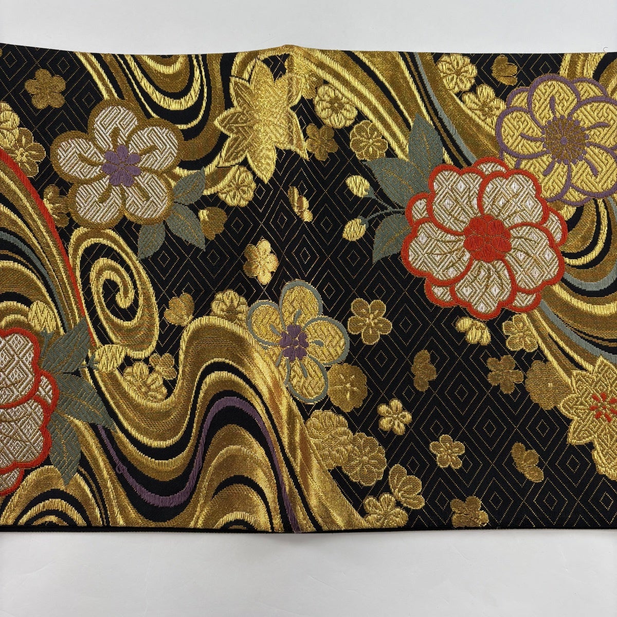 袋帯 秀品 草花 流水 金銀糸 箔 黒 六通 正絹｜中古・古着・リサイクル