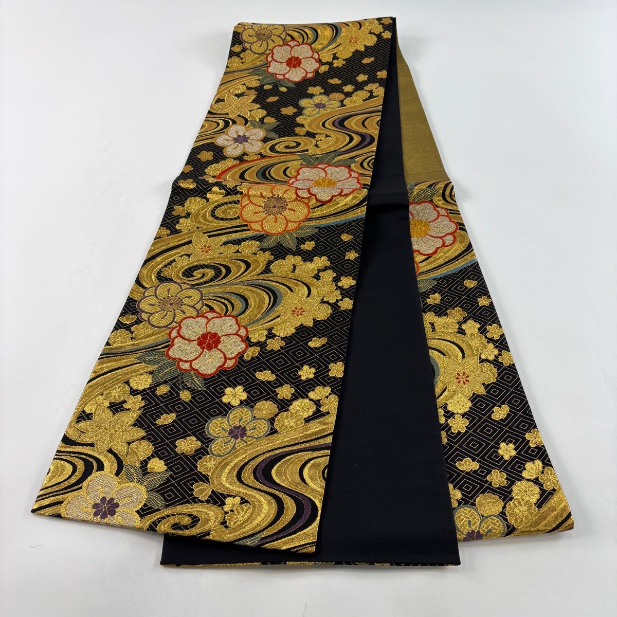 袋帯 秀品 草花 流水 金銀糸 箔 黒 六通 正絹｜中古・古着・リサイクル