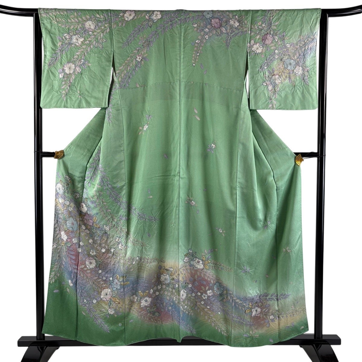 美品】 訪問着 身丈160cm 裄丈64.5cm M 袷 雪輪 草花 金彩 ぼかし 薄緑