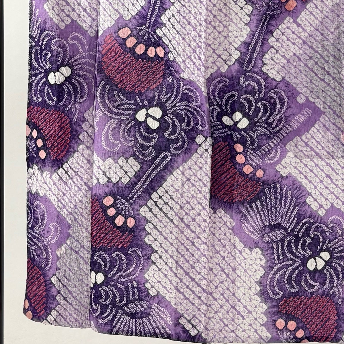 浴衣 身丈150cm 裄丈63cm S 絞り浴衣 乱菊 団扇 紫 綿 名品｜中古