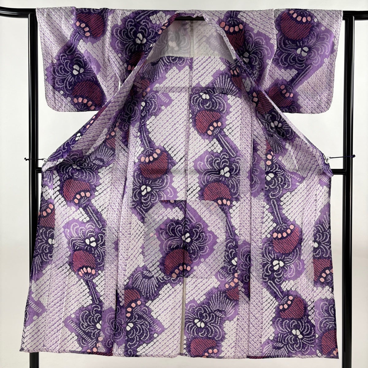 浴衣 身丈150cm 裄丈63cm S 絞り浴衣 乱菊 団扇 紫 綿 名品｜中古