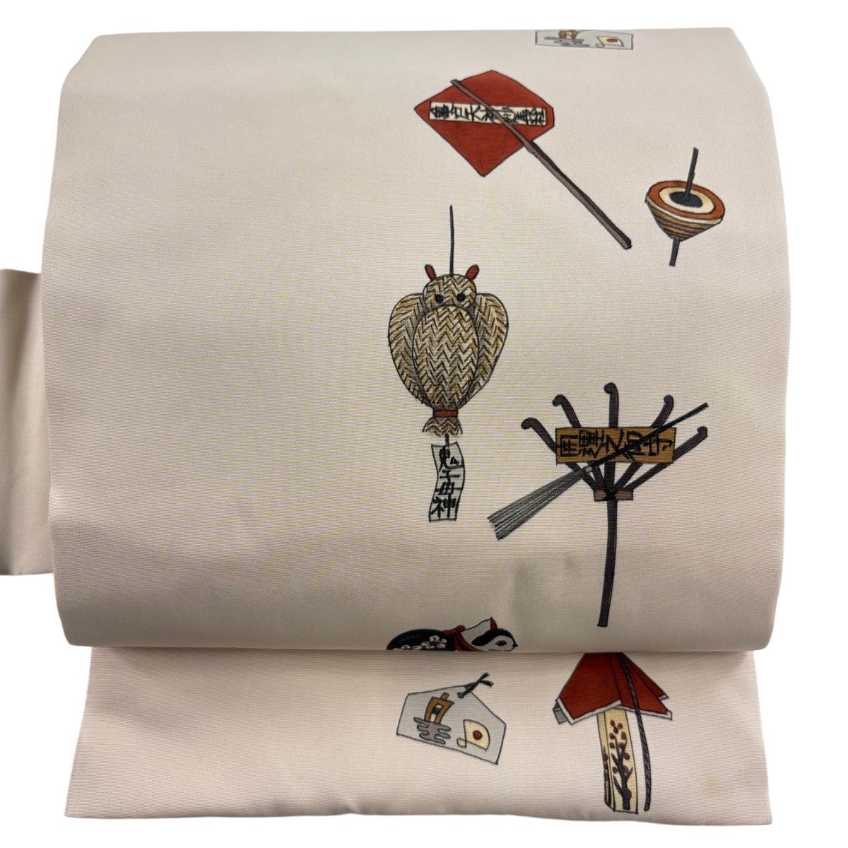 名古屋帯 秀品 落款あり 玩具 絵馬 ピンクベージュ 正絹｜中古・古着
