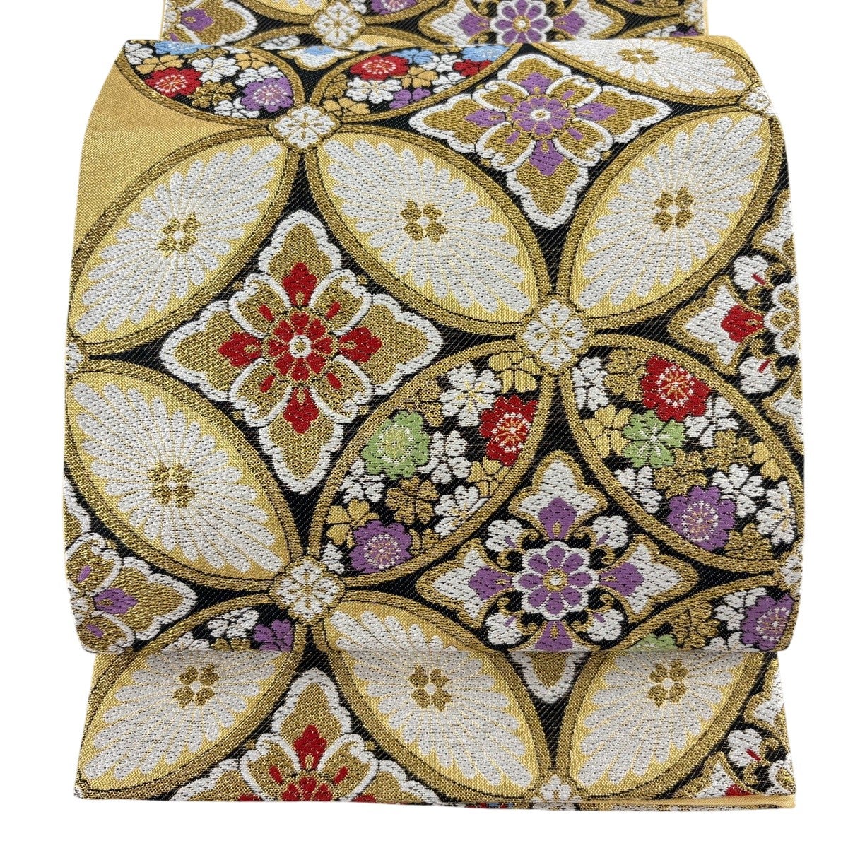 美品】 袋帯 名品 七宝文 桜 刺繍 金糸 黒 六通 正絹｜中古・古着