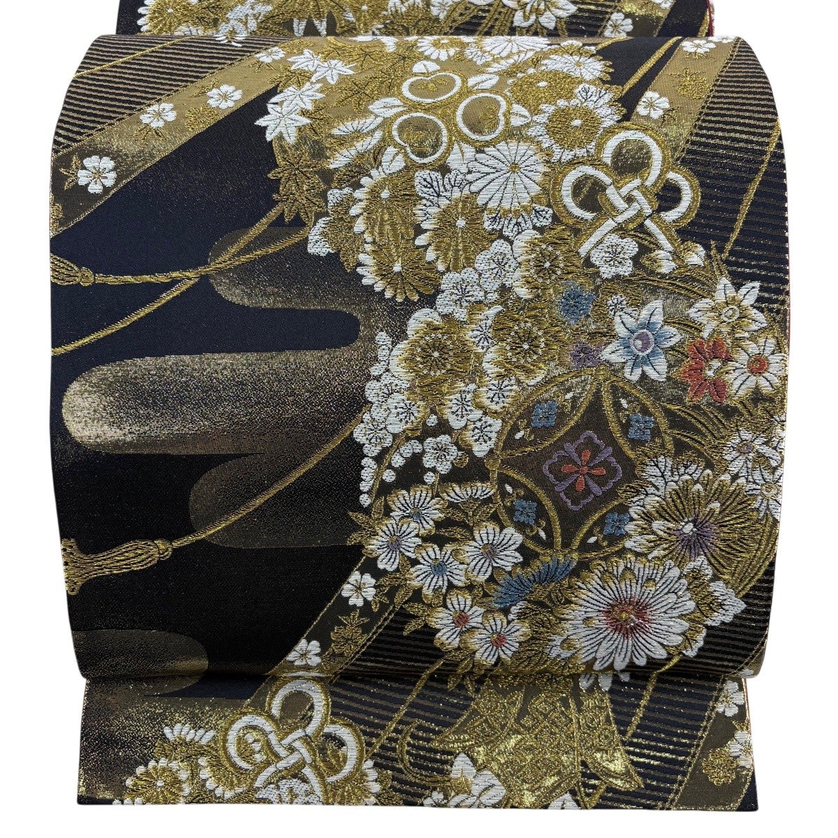 30%OFF 【美品】 袋帯 秀品 草花 縞 金糸 箔 黒 六通 正絹 K30｜中古