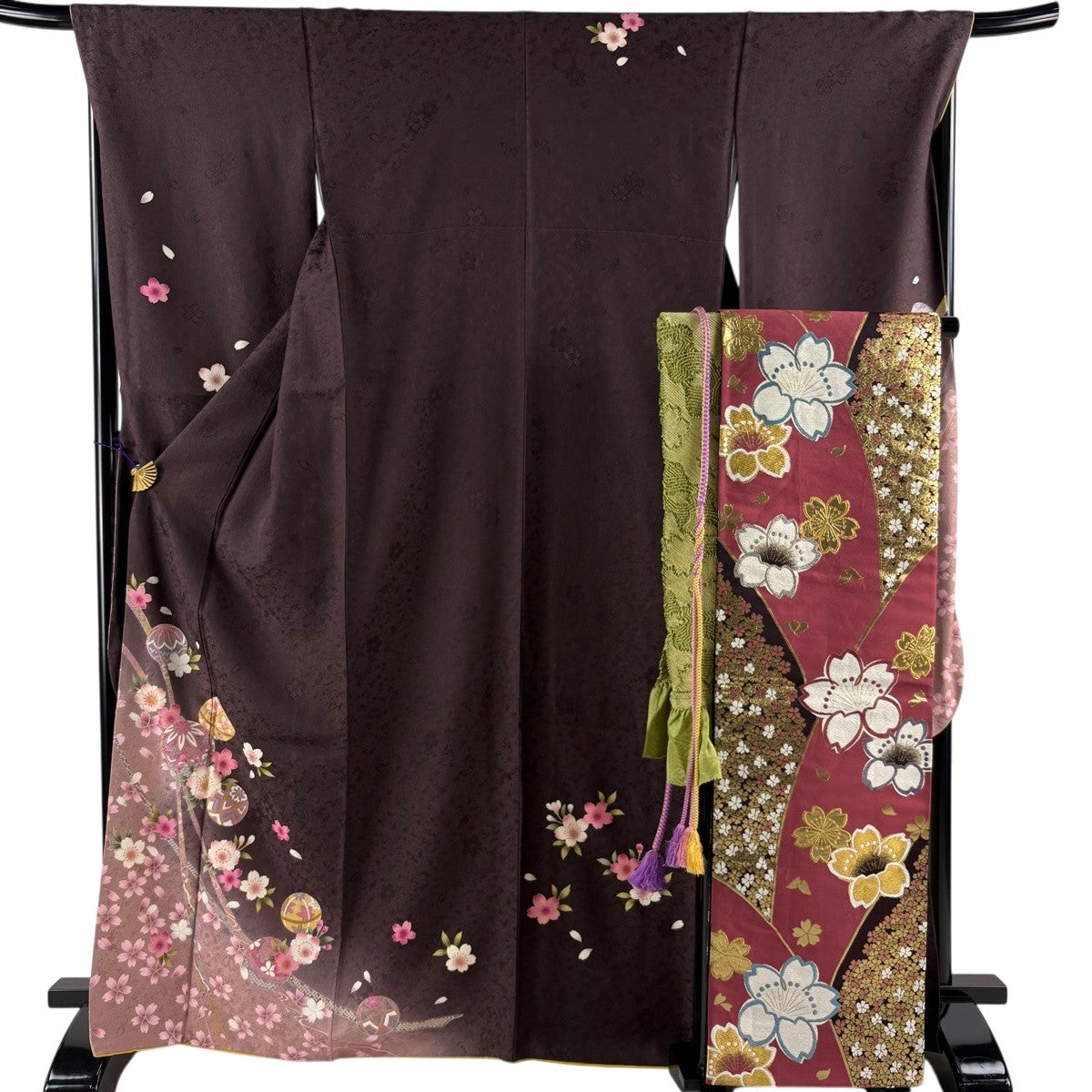 【 振り袖フルセット 】トールサイズ 身丈168cm 裄68 cm 振袖 身丈168cm 裄丈65cm M 袷 袋帯フルセット 扇 桜 金彩 ぼかし 茶