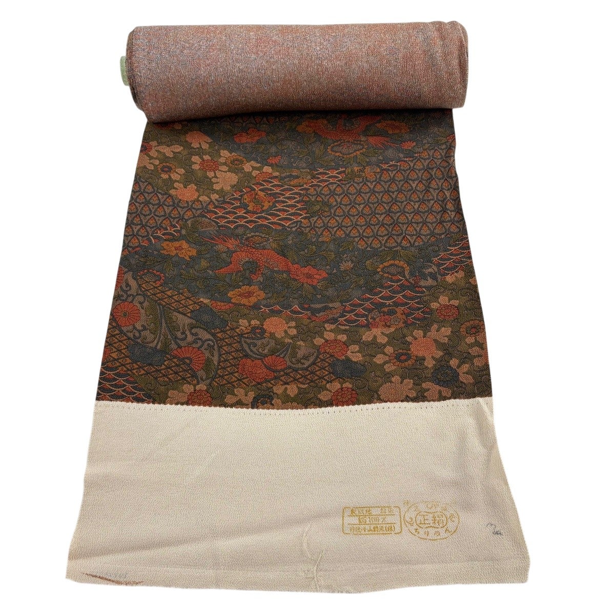 反物 秀品 小紋 花鳥 青海波 縮緬 灰茶 正絹｜中古・古着・リサイクル