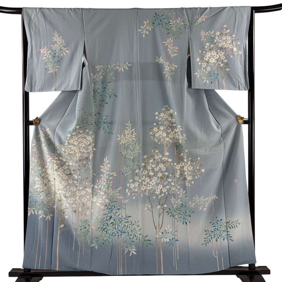 訪問着 美品 名品 身丈157cm 裄丈64.5cm 正絹 【中古】 訪問着 身丈157cm 裄丈65.5cm M 袷 落款あり 枝花 葉柄 ぼかし 水色