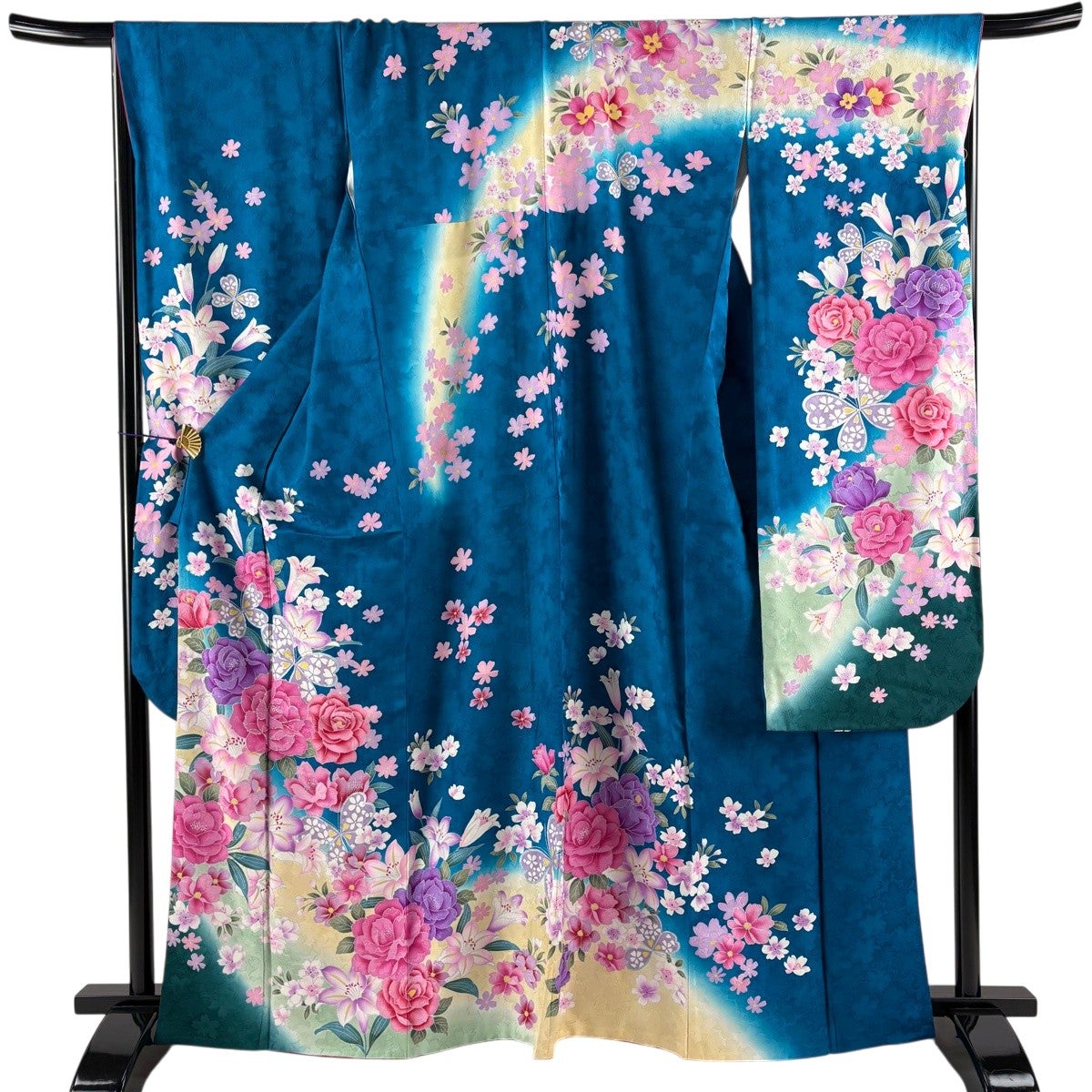 美品】 振袖 身丈164.5cm 裄丈68cm L 袷 蝶 草花 箔 銀彩 青緑 正絹