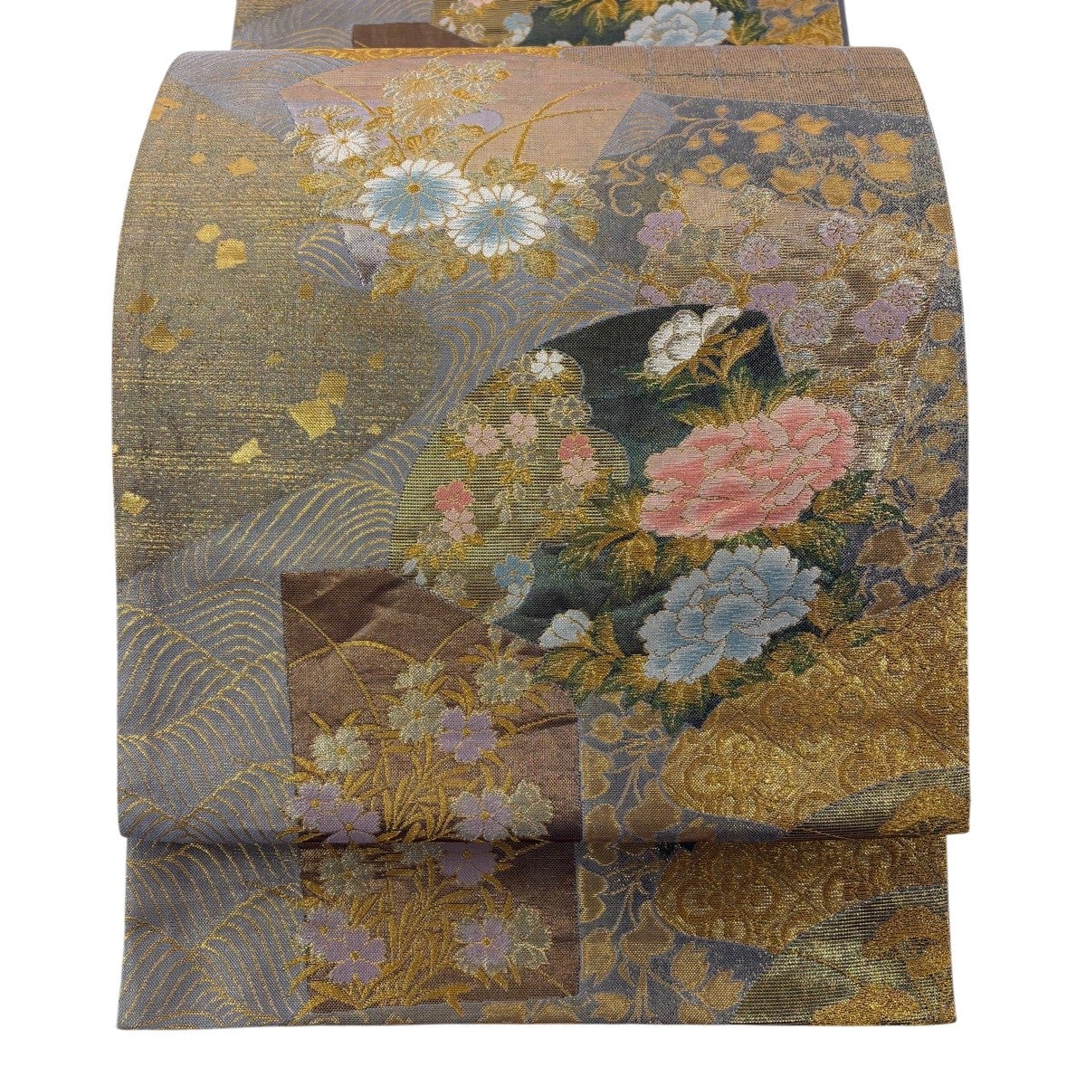 50%OFF 袋帯 秀品 草花 霞 金糸 箔 金色 六通 正絹 K50｜中古・古着