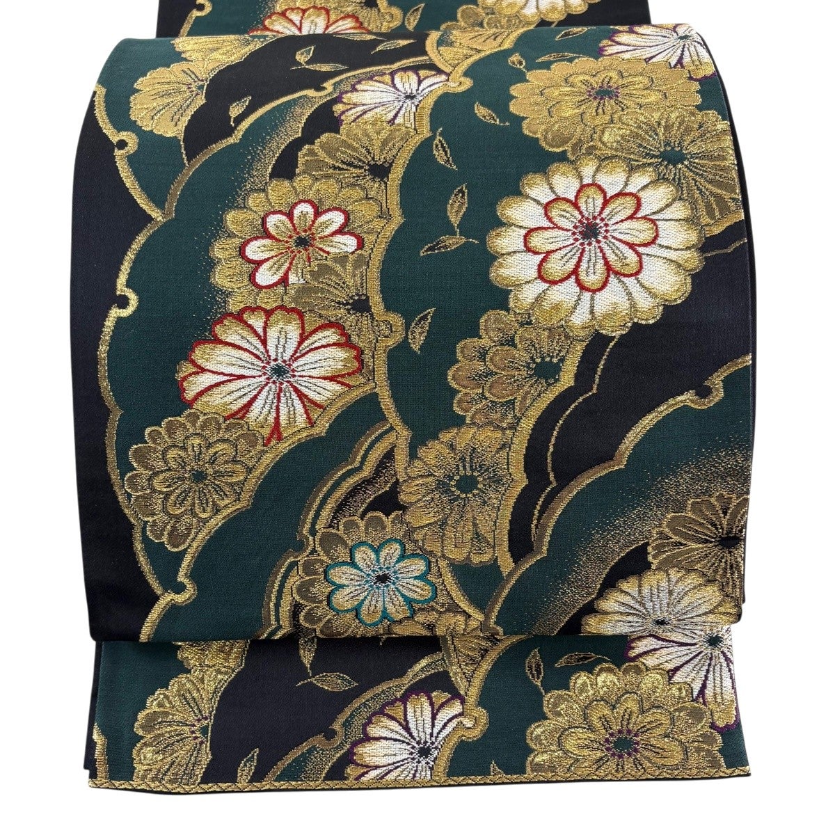 美品】 袋帯 秀品 菊 雪輪 金銀糸 箔 深緑 六通 正絹｜中古・古着