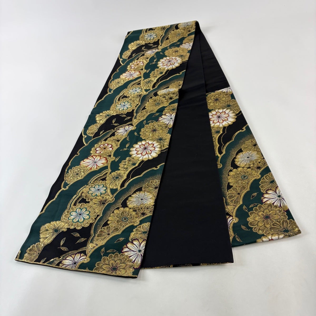 50%OFF 【美品】 袋帯 秀品 菊 雪輪 金銀糸 箔 深緑 六通 正絹 K50