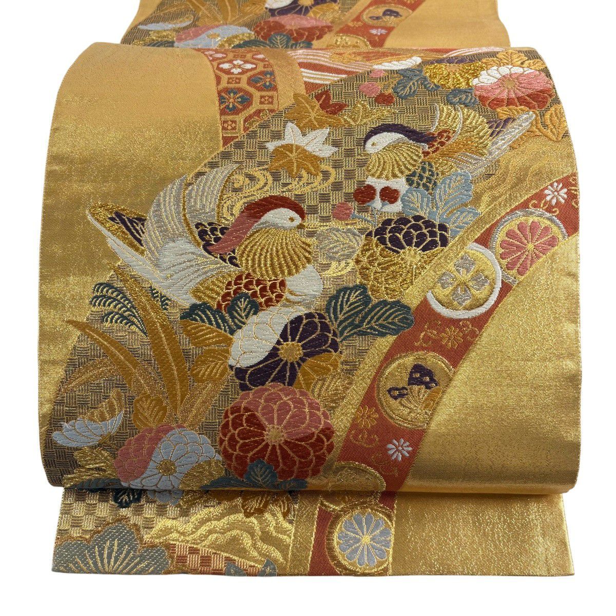 美品 袋帯 名品 花 立涌 唐織 金銀糸 金色 六通 正絹｜中古・古着