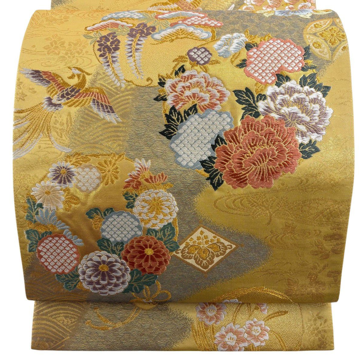 美品】 袋帯 秀品 格天井 花丸文 唐織 箔 ベージュ 六通 正絹|中古 美品】 袋帯 秀品 格天井 花丸文 唐織 箔 ベージュ 六通 正絹|中古