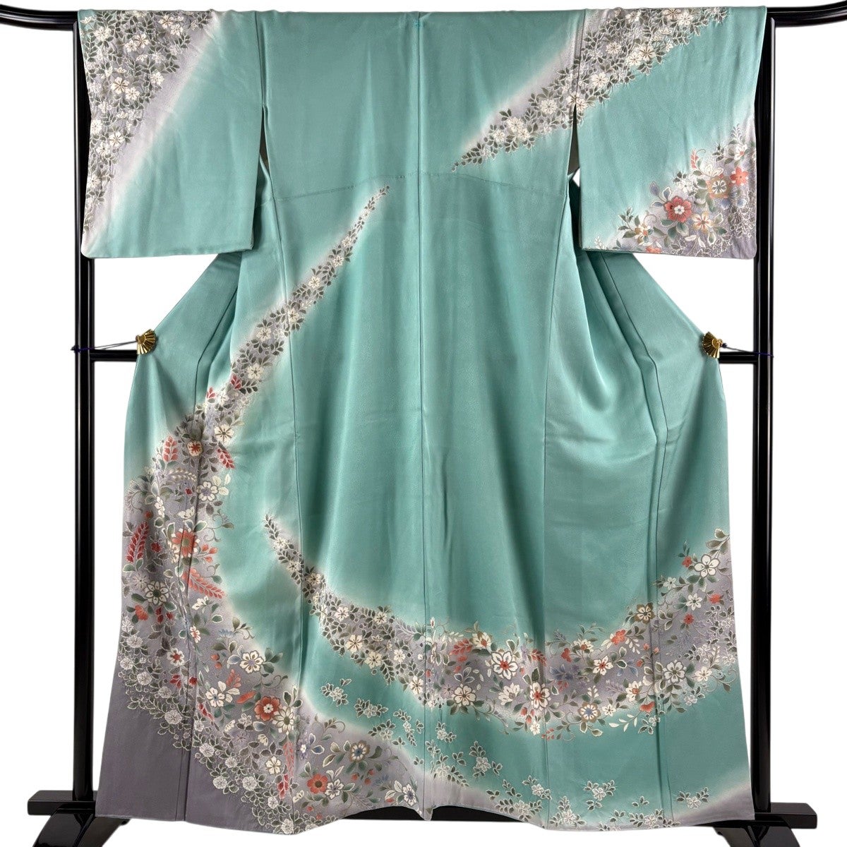 訪問着 身丈159.5cm 裄丈64.5cm M 袷 花唐草 絞り 金彩 薄青緑 正絹
