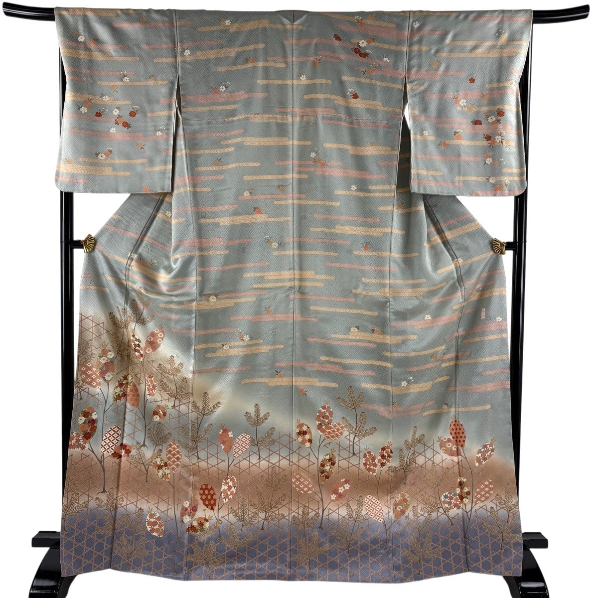 訪問着 身丈167.5cm 裄丈67cm M 袷 落款あり 若松 松笠 金彩 染め分け 訪問着 身丈167.5cm 裄丈67cm M 袷 落款あり 若松 松笠 金彩 染め分け