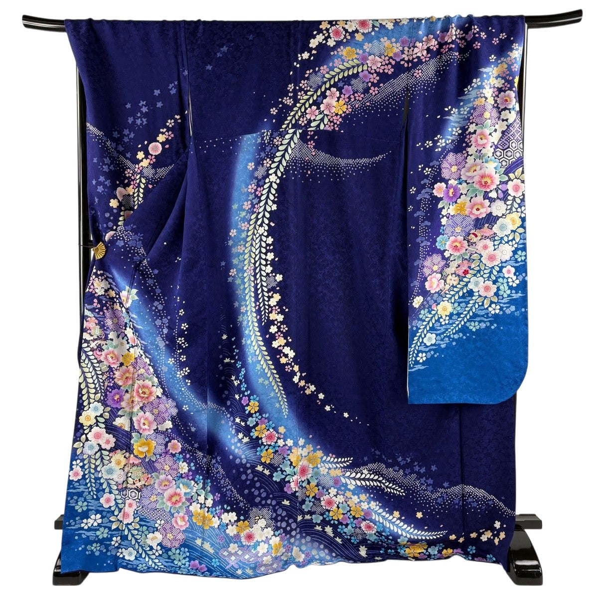 振袖 美品 名品 身丈164.5cm 裄丈65.5cm 正絹 【中古】 振袖 身丈164.5cm 裄丈65cm M 袷 袋帯フルセット 鈴乃屋 椿 幾何学模様