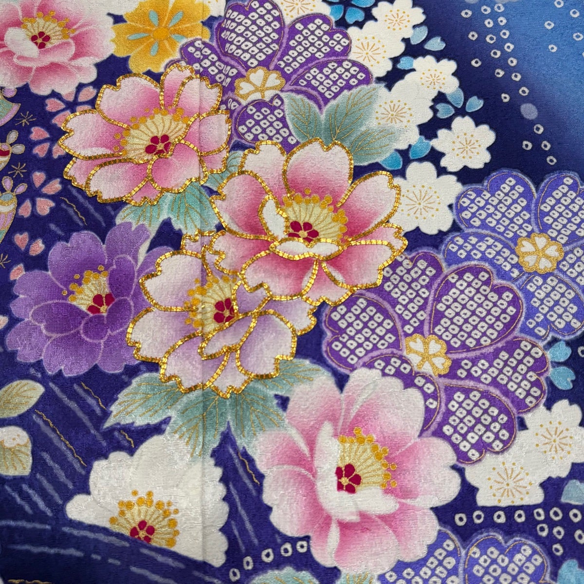 美品】 振袖 身丈172cm 裄丈71.5cm L 袷 桜 波 金糸 金彩 青紫 正絹