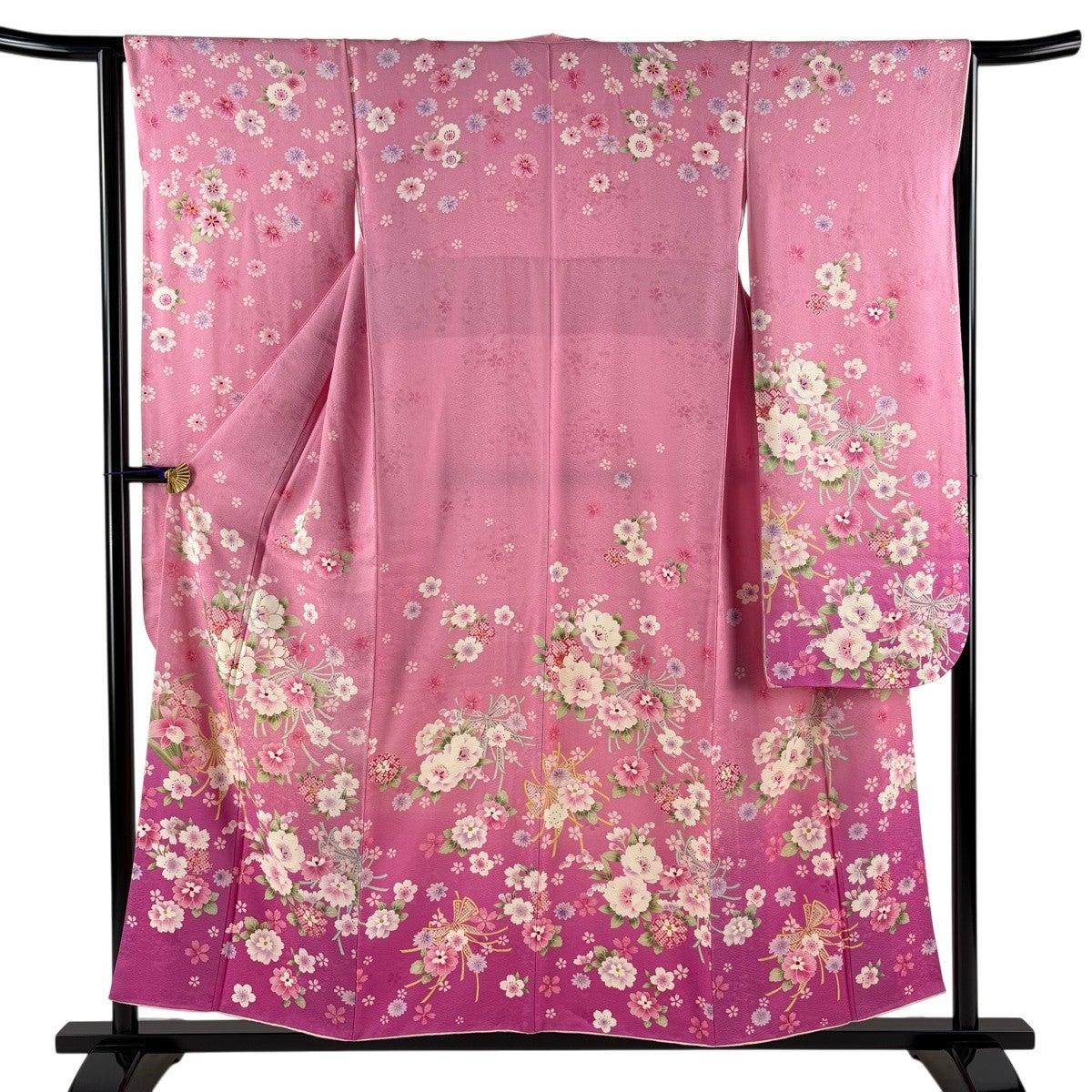 振袖 身丈154.5cm 裄丈62cm 正絹 秀品 【中古】 美品】 振袖 身丈154cm 裄丈61.5cm S 袷 花車 桜 金糸 金彩 紺色 正絹