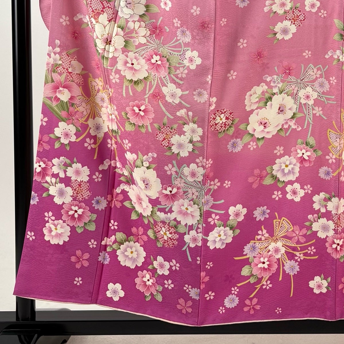 美品】 振袖 身丈154.5cm 裄丈65cm M 袷 桜 リボン ラメ ぼかし ピンク