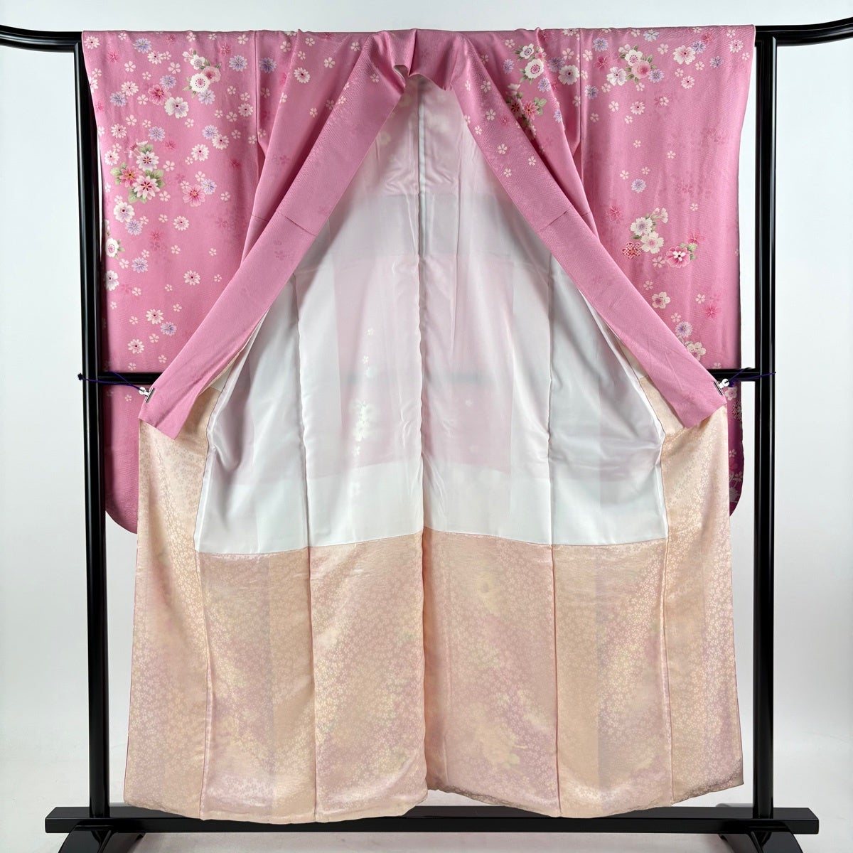 美品】 振袖 身丈154.5cm 裄丈65cm M 袷 桜 リボン ラメ ぼかし ピンク