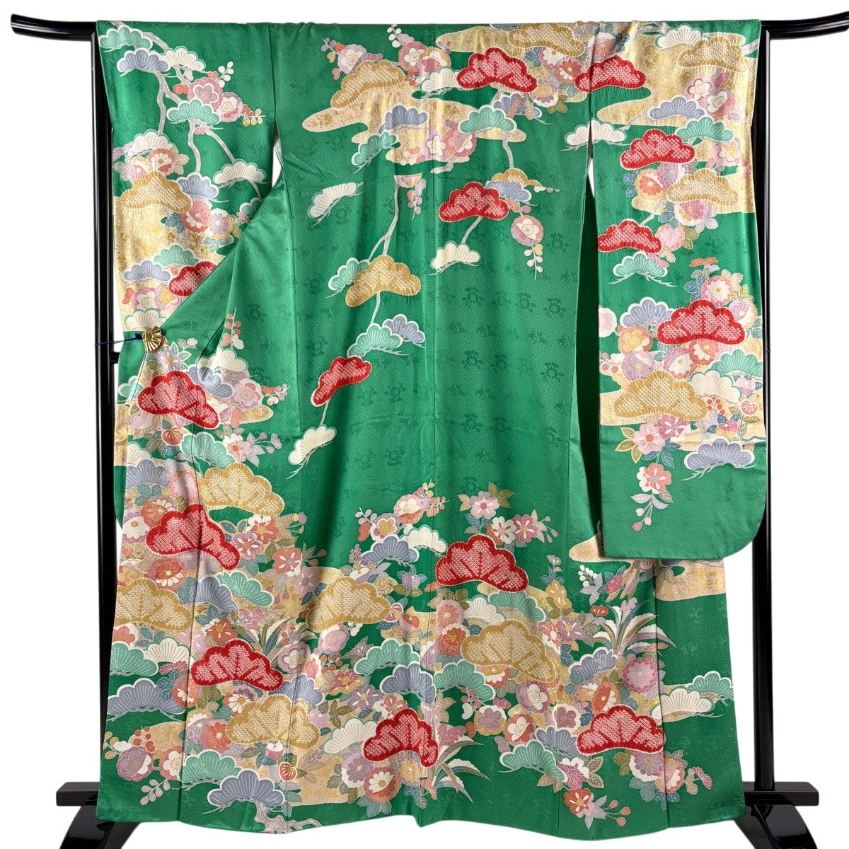 振袖 身丈163cm 裄丈65cm M 袷 笠松 草花 刺繍 絞り 緑 正絹 名品