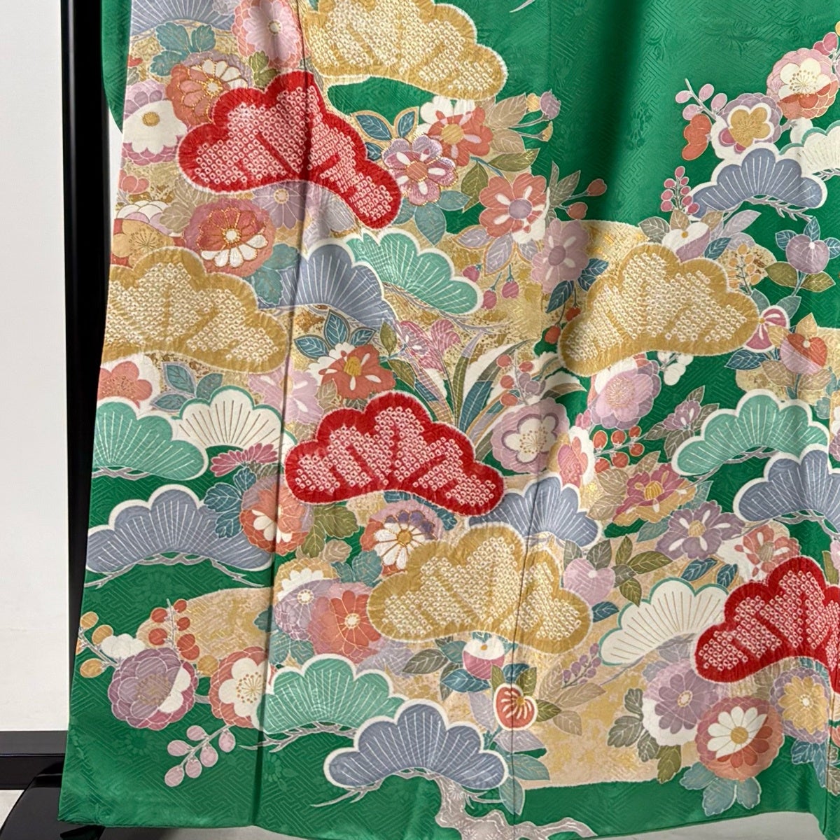 振袖 身丈163cm 裄丈65cm M 袷 笠松 草花 刺繍 絞り 緑 正絹 名品