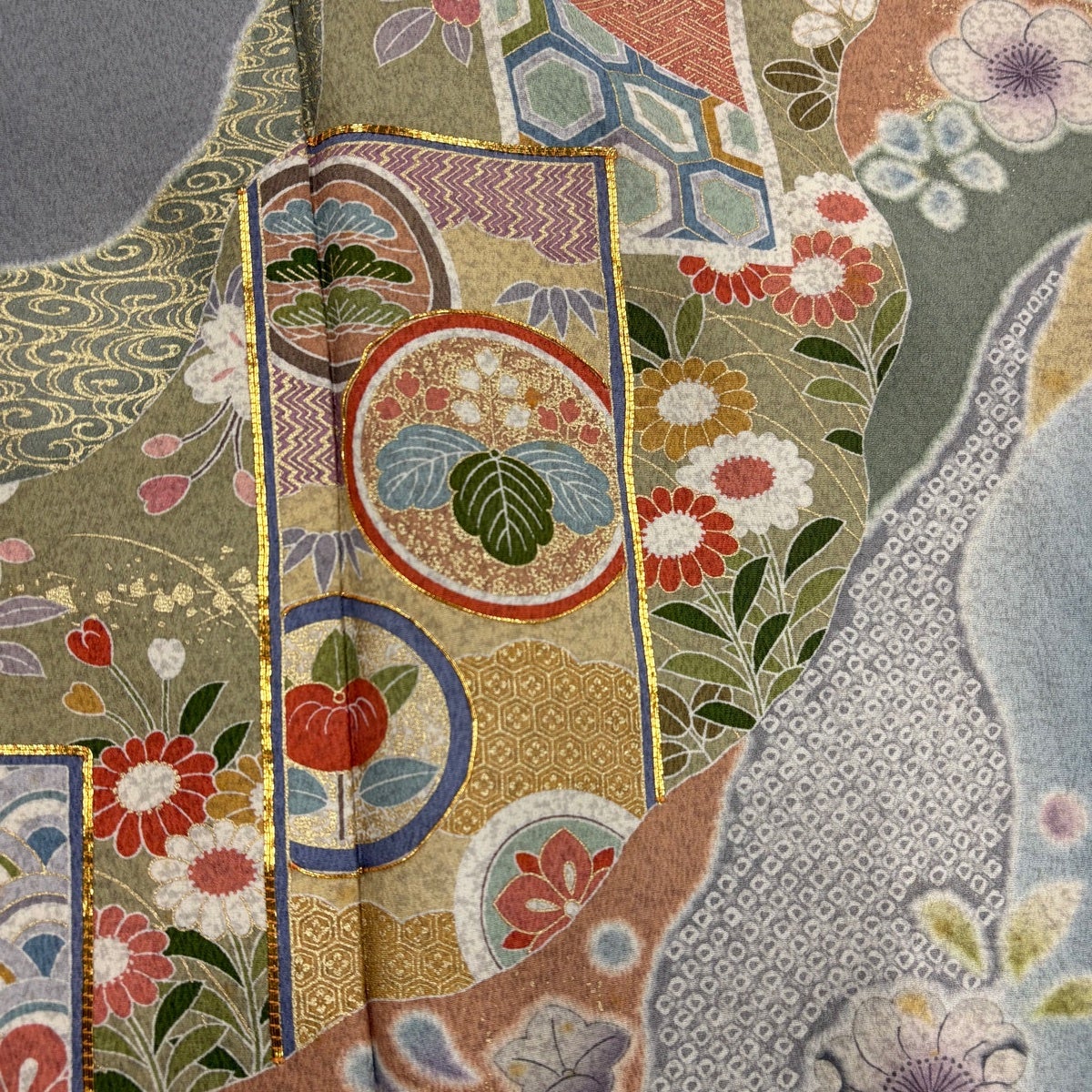 訪問着 身丈168.5cm 裄丈67.5cm L 袷 道長取り 草花 金糸 金彩 青緑
