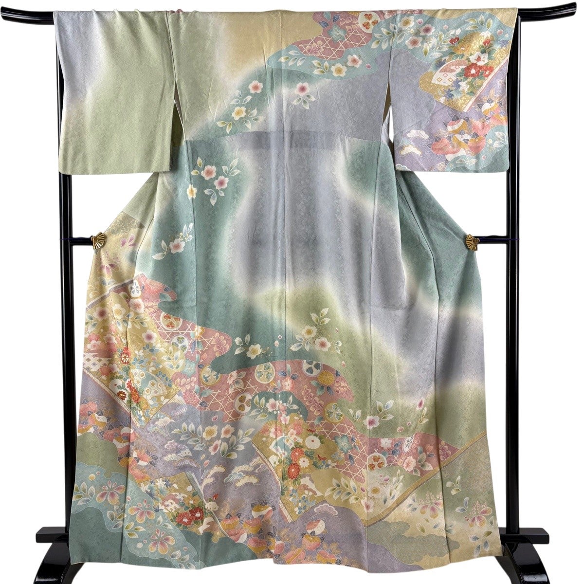訪問着 美品 秀品 153cm 67cm 正絹 【中古】 訪問着 着物 正絹 袷 アイボリー レトロ柄 橘 捻梅 地紋 金駒刺繍 金彩