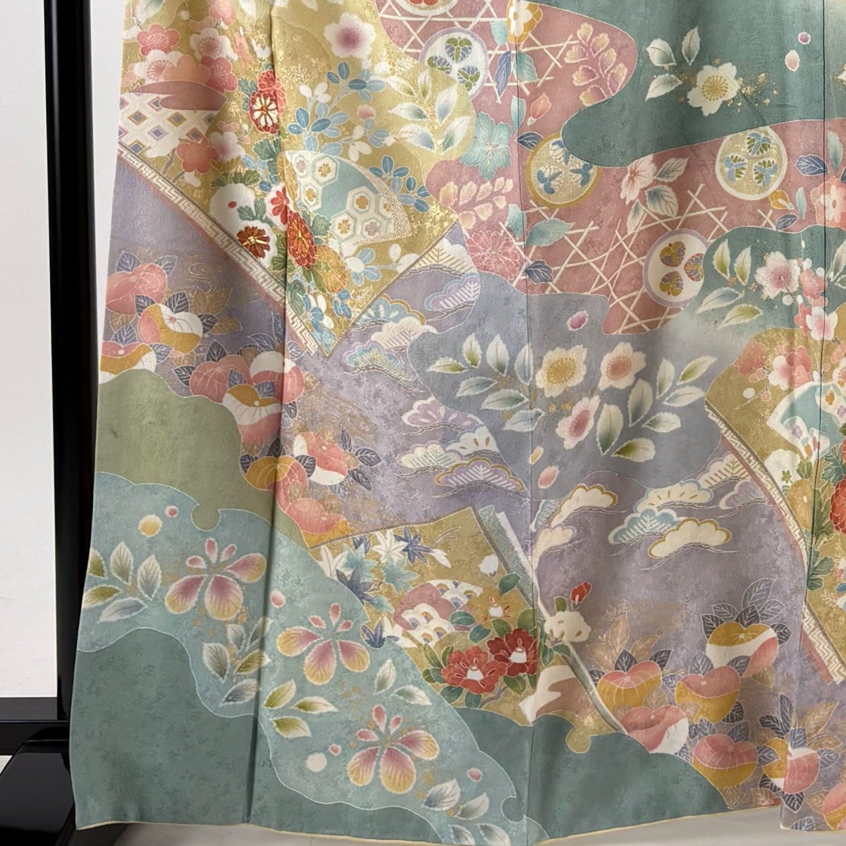 訪問着 身丈164cm 裄丈67.5cm L 袷 草花 霞 金糸 金彩 薄緑 正絹 名品