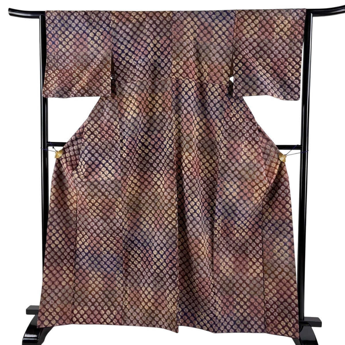 小紋 身丈163.5cm 裄丈63.5cm S 袷 手蜘蛛絞り ぼかし 茶紫 正絹 名品
