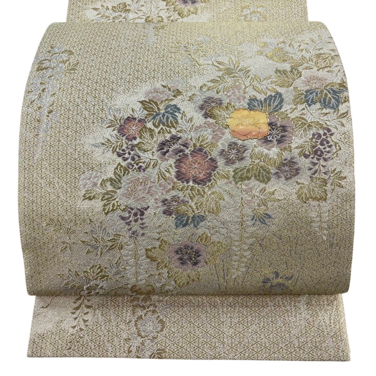 袋帯 秀品 草花 亀甲 金銀糸 箔 金色 六通 正絹｜中古・古着