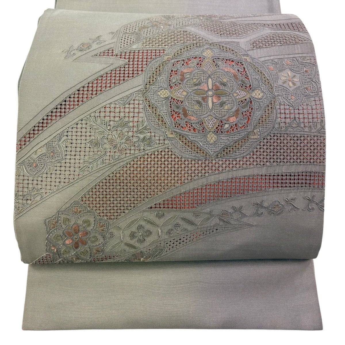 袋帯 名品 華文 草花 刺繍 灰紫 お太鼓柄 正絹｜中古・古着