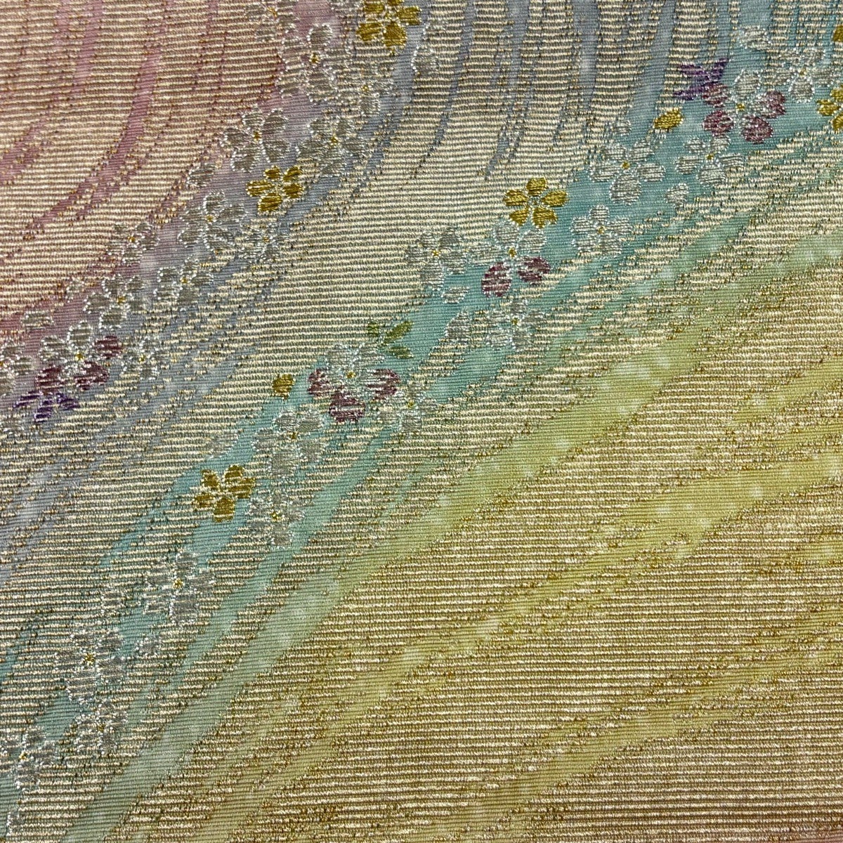 美品】 袋帯 名品 花 幾何学模様 金銀糸 灰緑 全通 正絹｜中古・古着