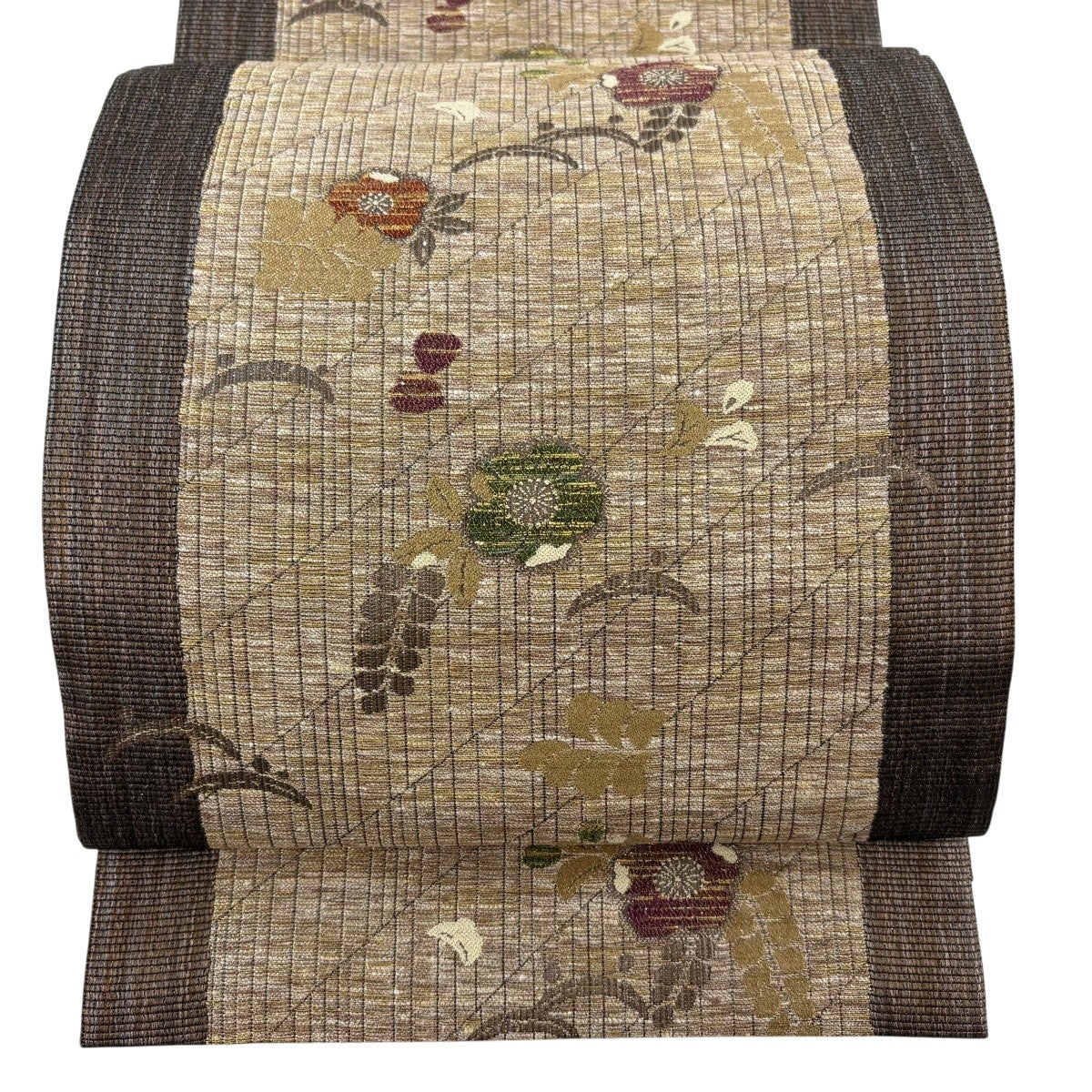 美品】 袋帯 名品 京都 西陣 草花 露芝 金糸 箔 ベージュ 六通 正絹