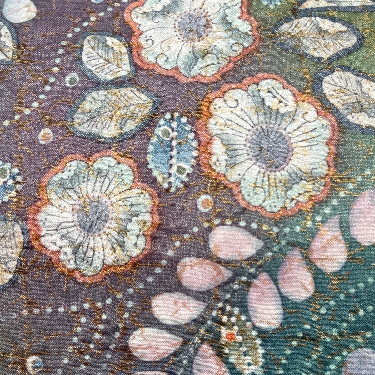 美品】 袋帯 名品 落款あり 辻が花 格子 銀糸 箔 薄緑 お太鼓柄 正絹